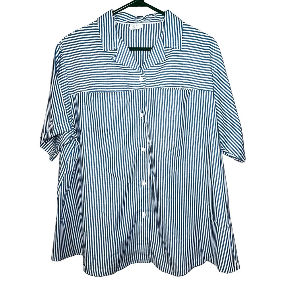 Land & Sea Striped Blue & White Button-Up Short Sleeve Collared Shirt size 16